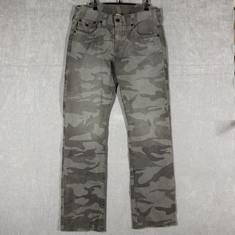 True Religion Ricky Straight Camo Jeans Mens Size 34x32 Made in USA 100% Cotton